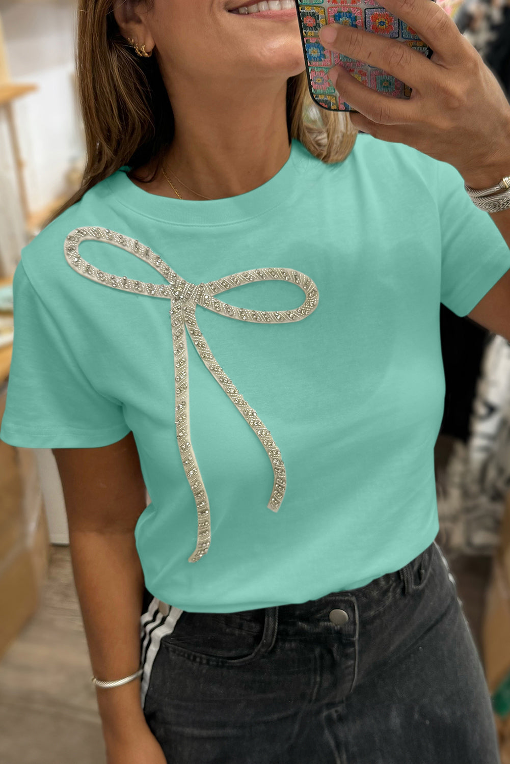 Rhinestone Bow Embellished Round Neck Tee