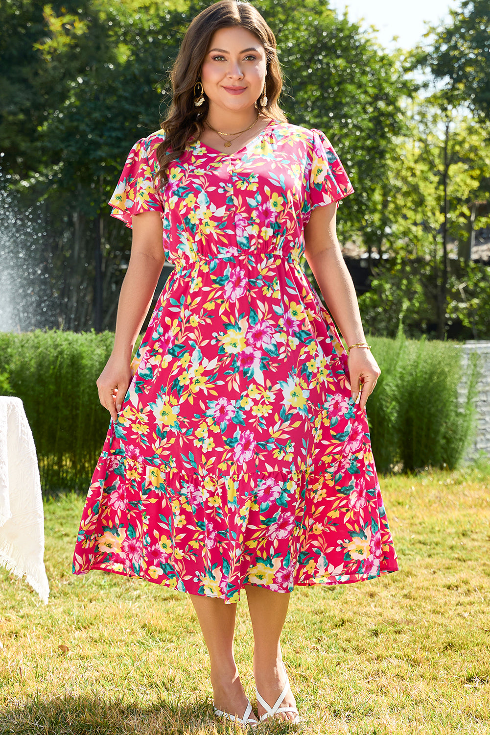 Floral Print V Neck Pocketed High Waist Plus Size Midi Dress