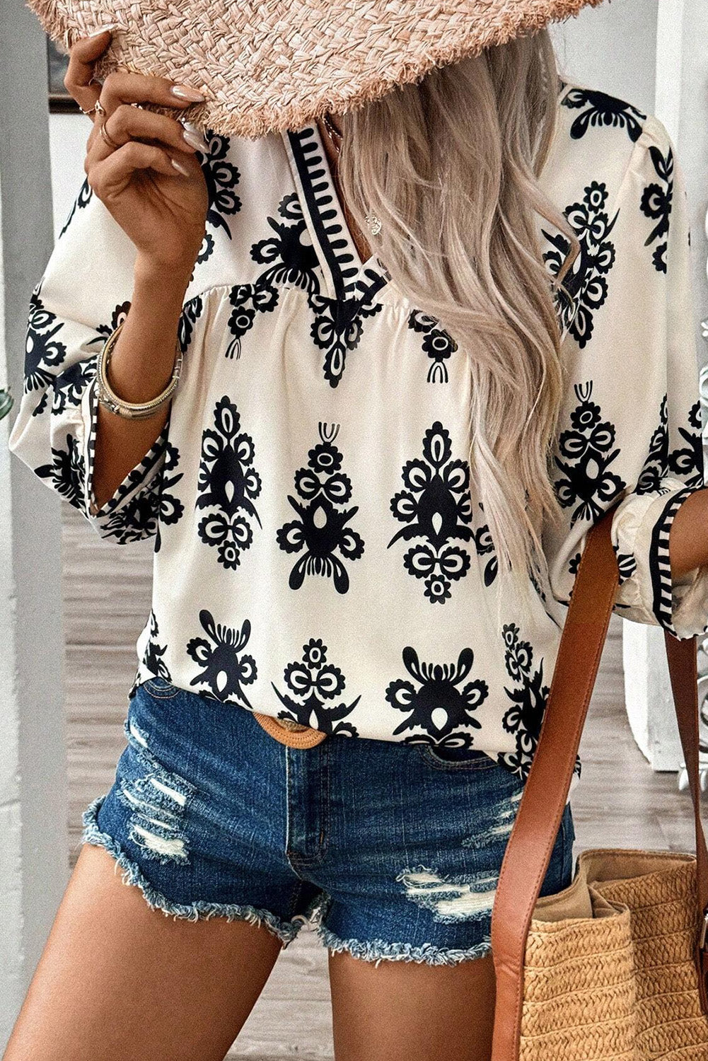 Vintage Geometric Printed 3/4 Sleeve V Neck Blouse