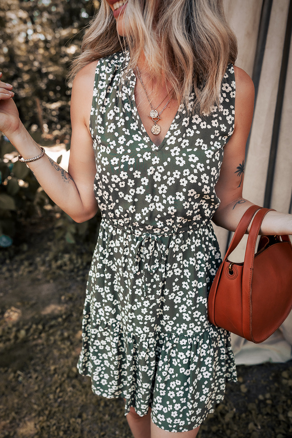 Boho Floral Print V Neck Tunic Sleeveless Dress