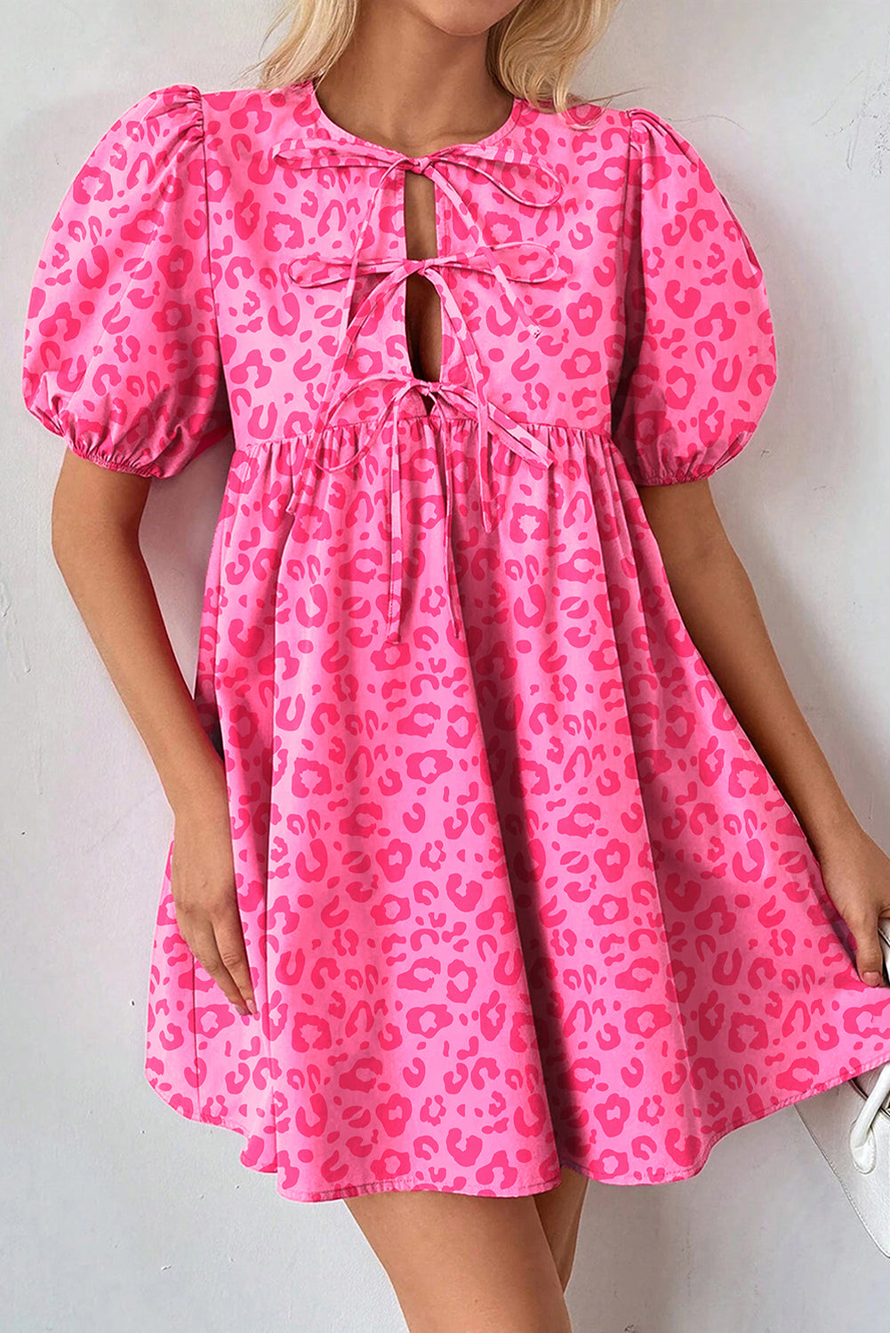 Leopard Puff Sleeve Tie Front High Waist Mini Dress