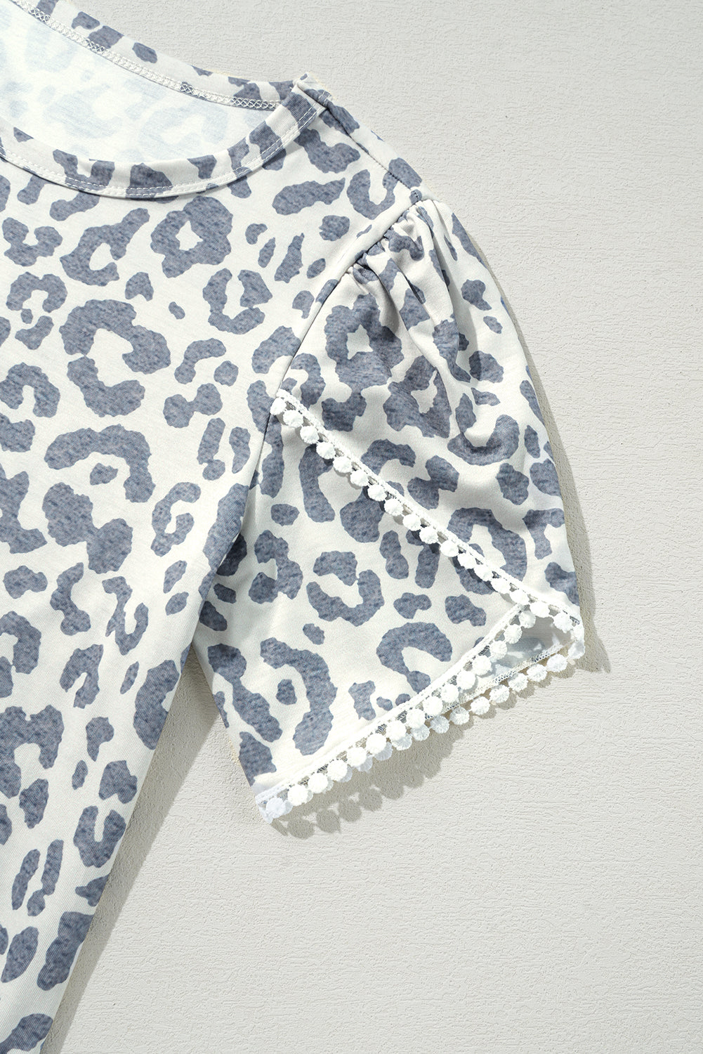 Leopard Round Neck Lace Trim Petal Sleeve T Shirt