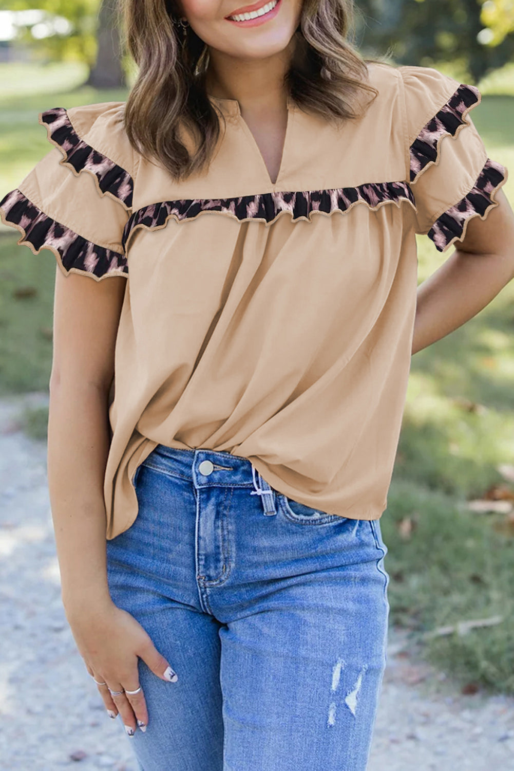 Leopard Ruffles Trim Tiered Short Sleeve Blouse