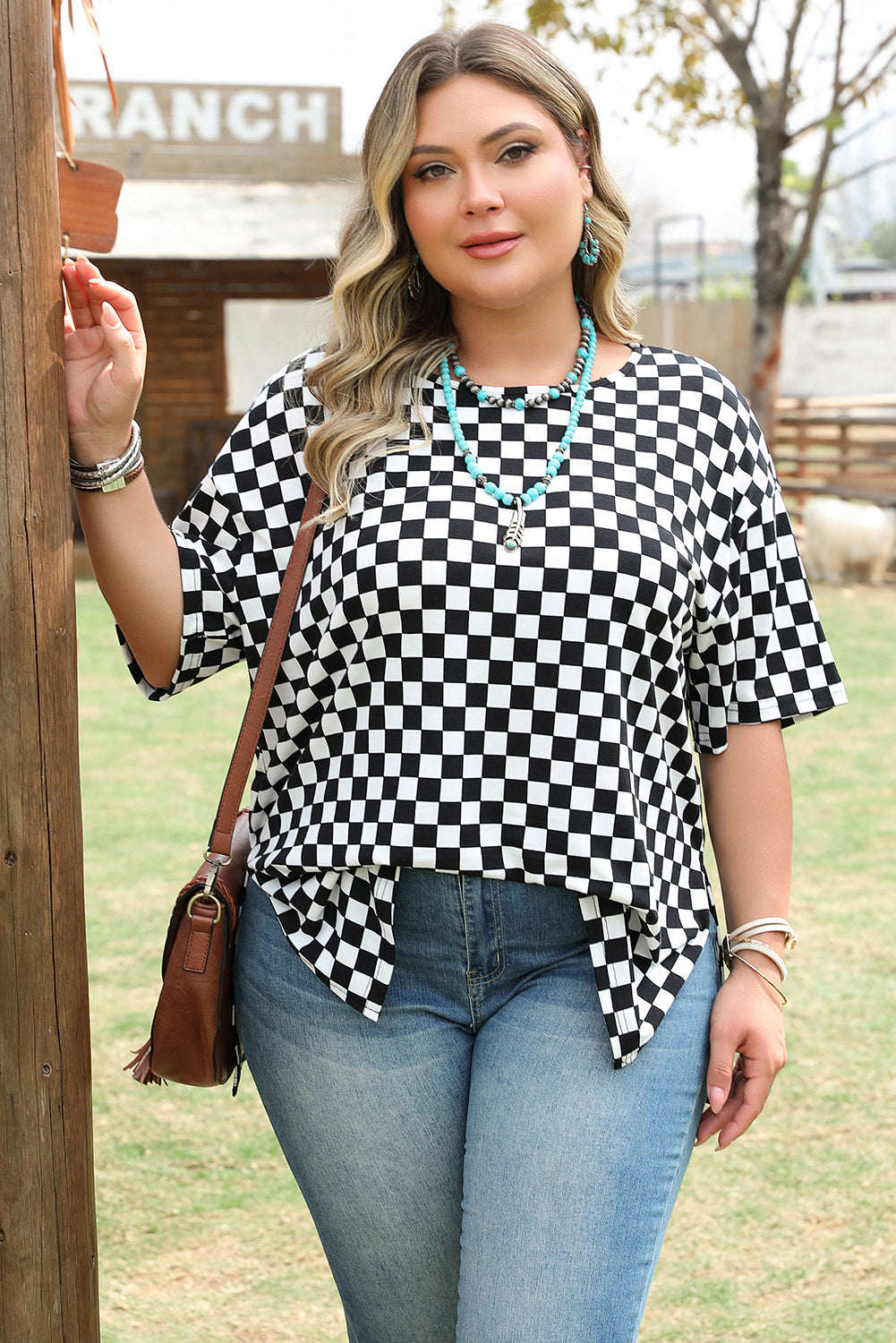 Checkered Print Side Slits O Neck Plus Size T Shirt