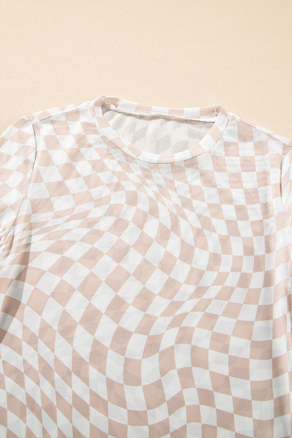 Checkered Pattern Mesh Mock Neck Long Sleeve Top