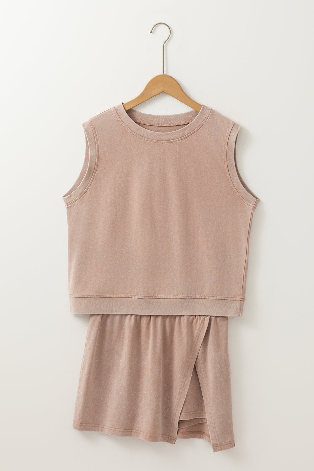 2 Pieces Mineral Wash Cotton Tank Top Lined Split Skirt Set