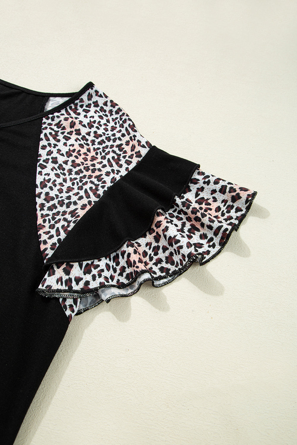 Leopard Ruffle Patchwork Sleeve Plus Size Summer Top