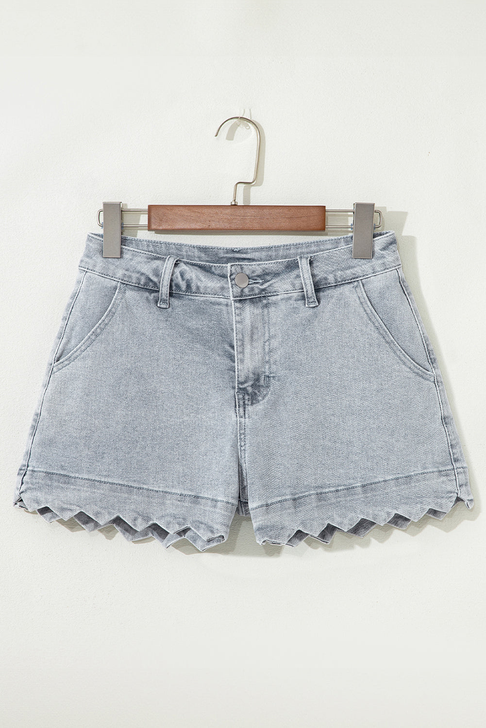 Scalloped Hemline Acid Wash High Waist Denim Shorts
