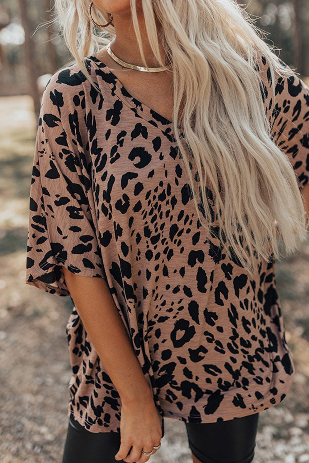 Leopard Print V Neck Half Sleeve Oversized Tee