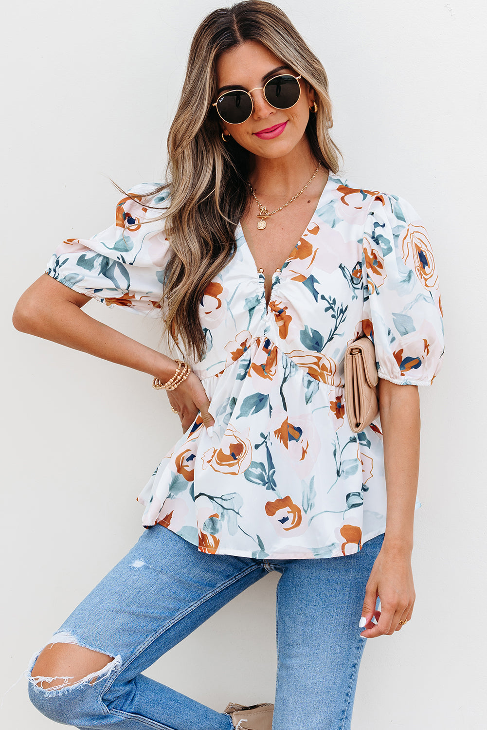 Floral Print Puff Sleeve V Neck Babydoll Blouse