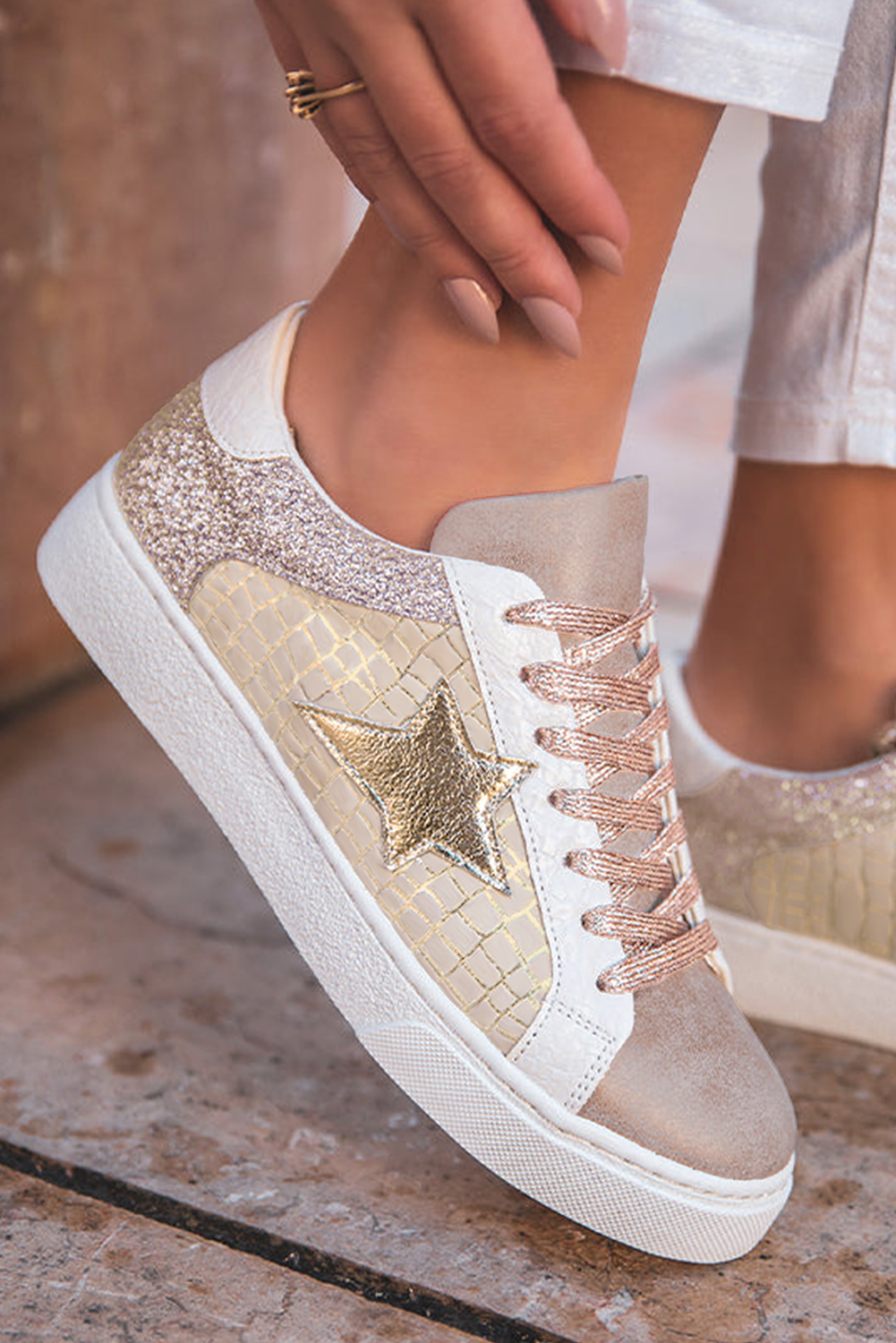 Glitter Star Patchwork PU Leather Lace-up Sneakers