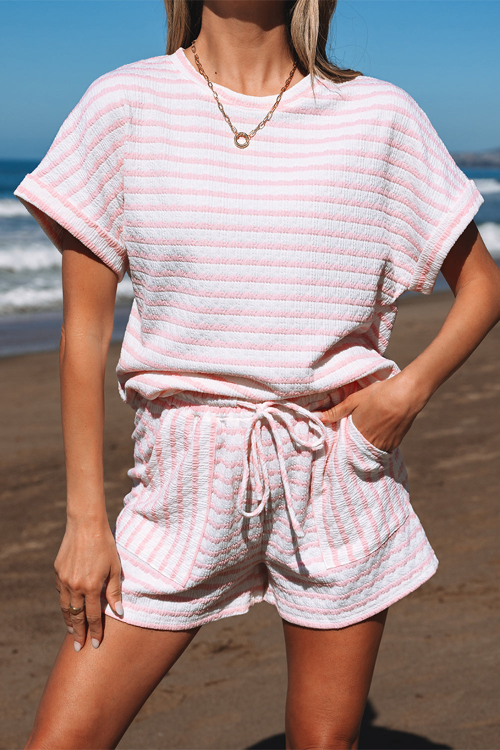 Knitted Short Sleeve Top and Drawstring Shorts Set