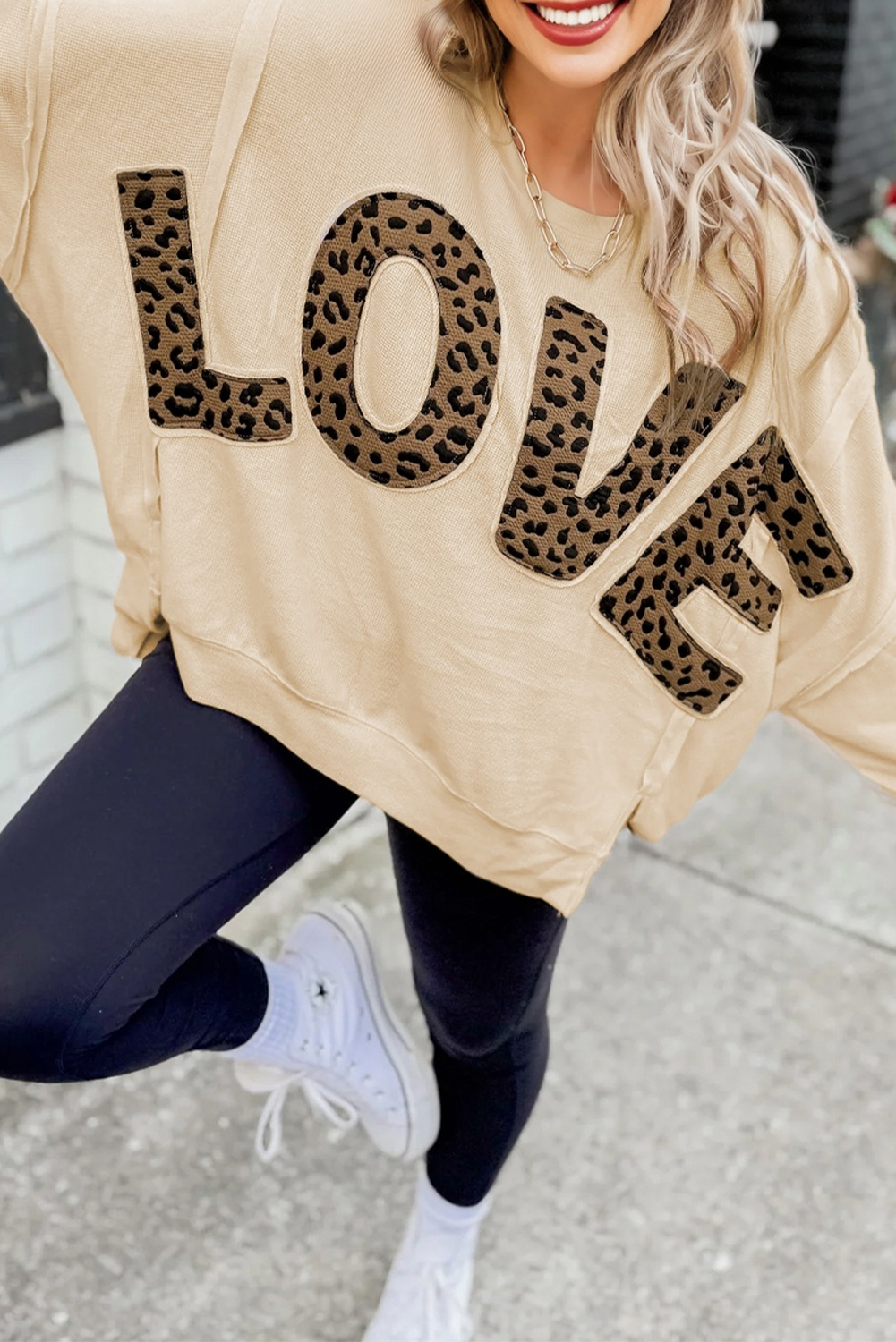 Oversize Leopard LOVE Patched Graphic Round Neck Casual Sweatshirt