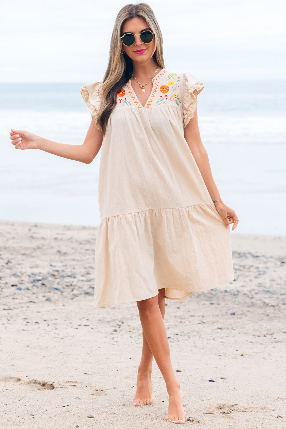Linen Embroidery Split Neck Pom Pom Ruffle Sleeves Flowy Short Dress