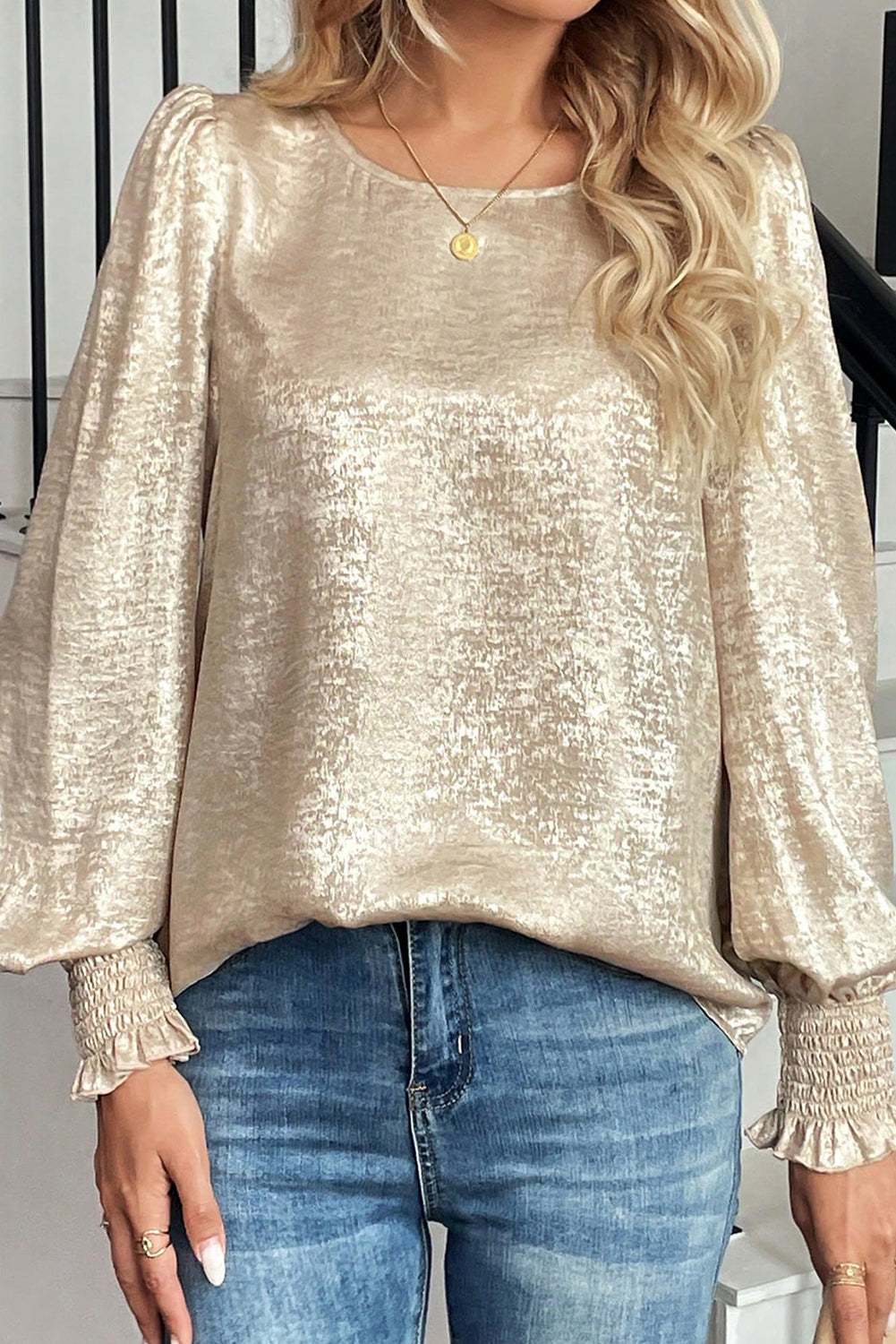 Metallic Round Neck Smocked Long Sleeve Blouse