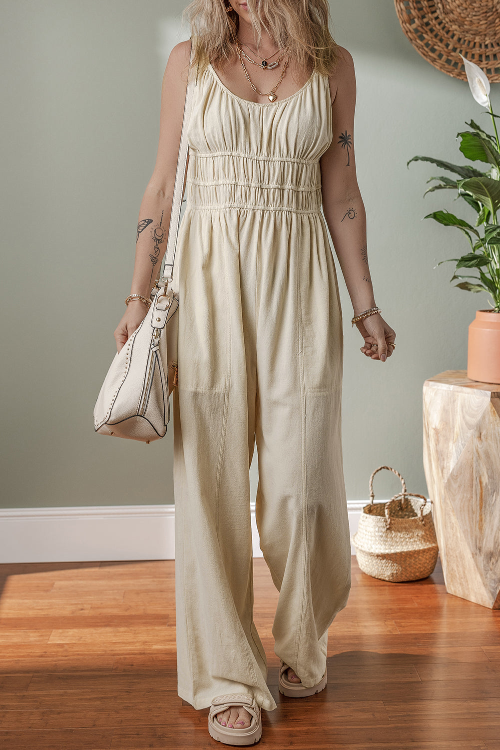 Ruched High Waist Sleeveless Wide Leg Jumpsuit