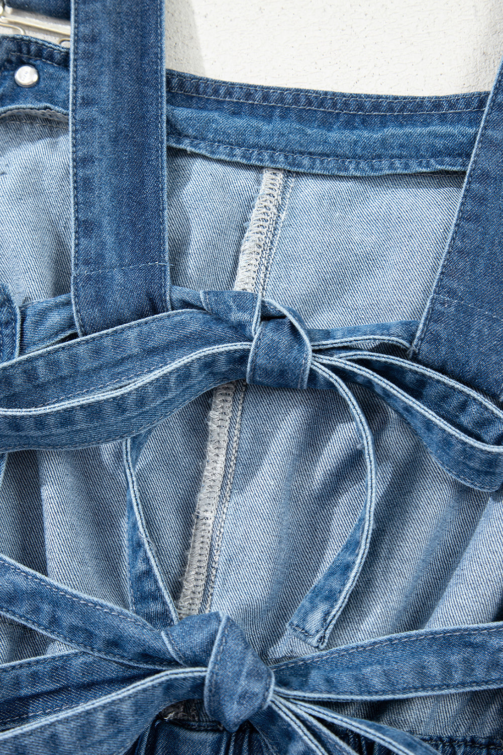 Buckle Straps Bib Style Drawstring Tied Backless Flared Denim Romper