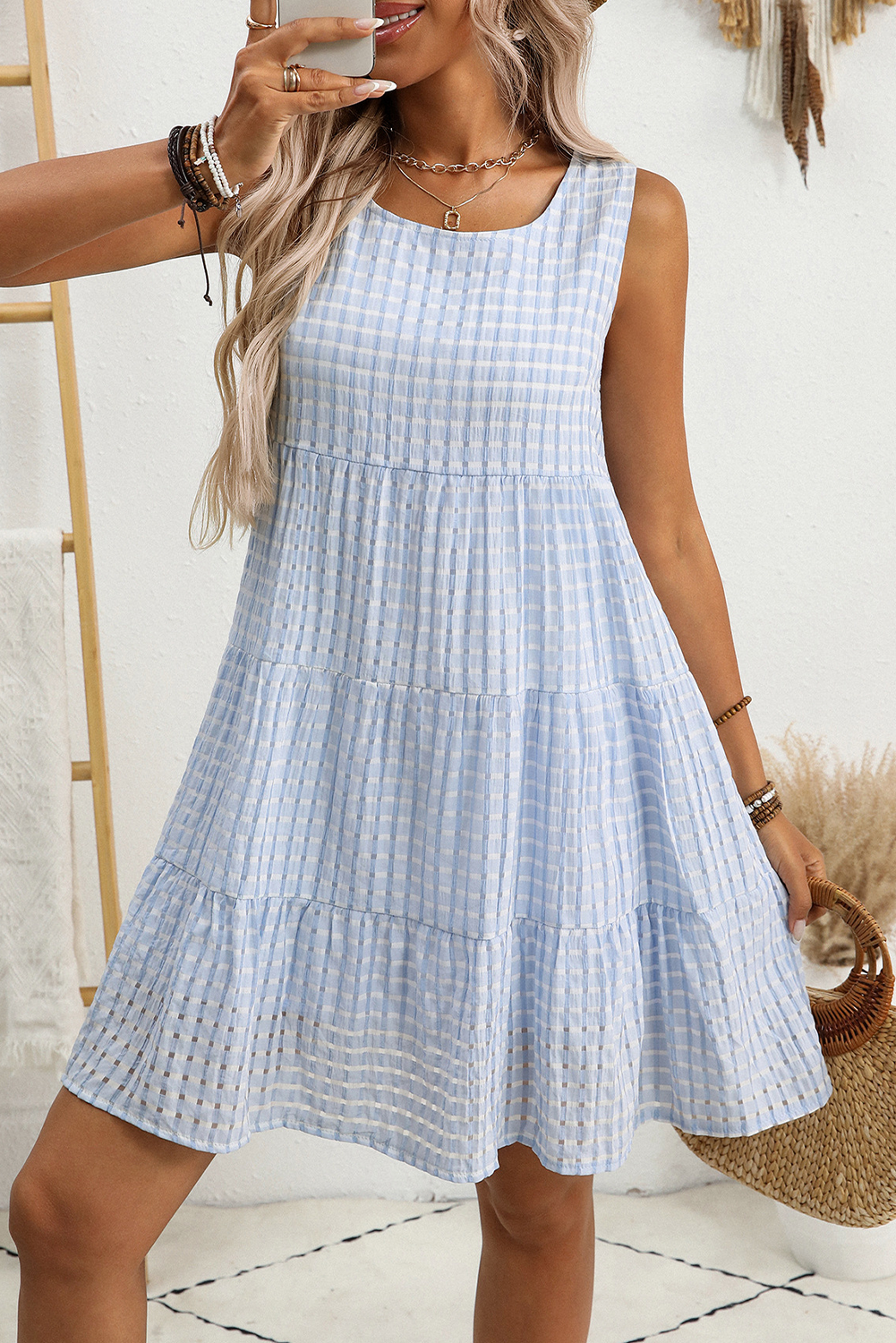 Plaid Tiered A-line Sleeveless Mini Sundress