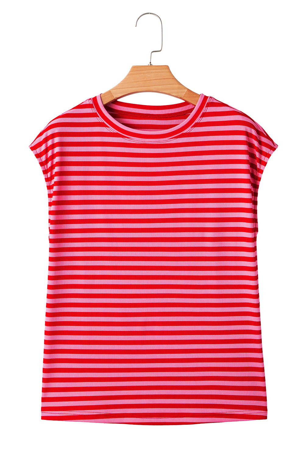 Stripe Ribbed Cap Sleeve Round Neck T Shirt