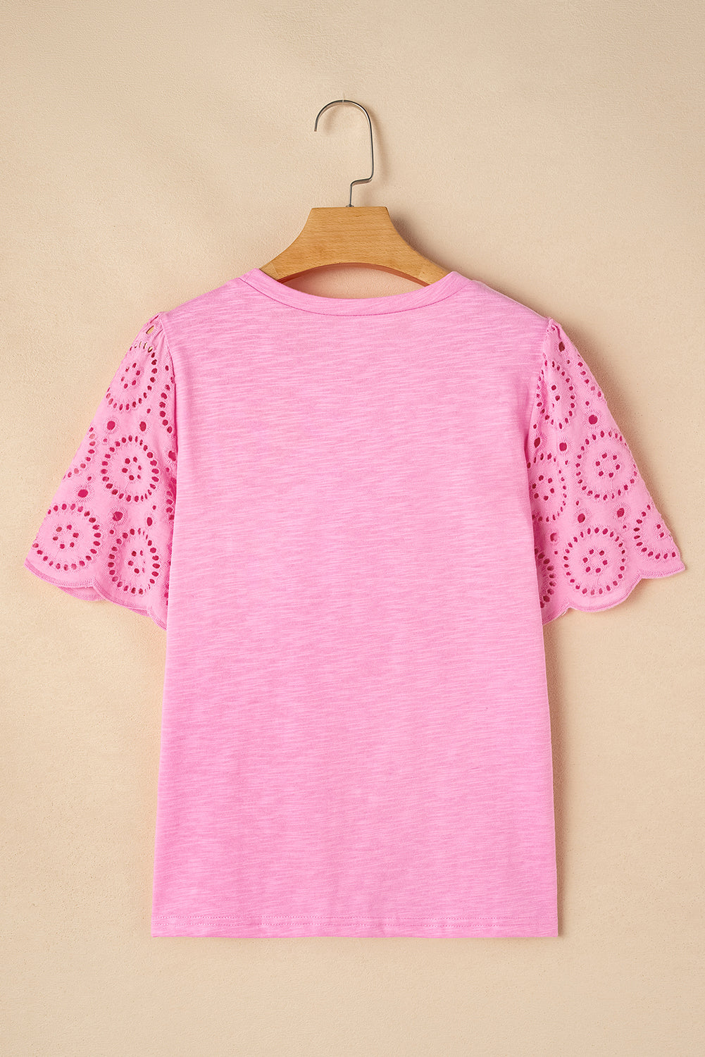 Eyelet Embroidery Scalloped Sleeve Round Neck T Shirt