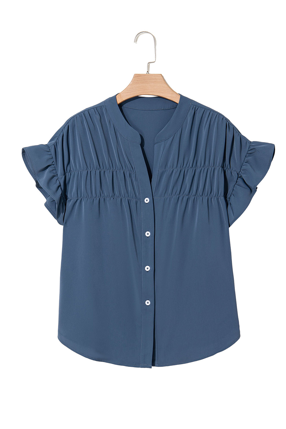 Solid Color Ruffle Ruched Short Sleeve Buttoned Shirt