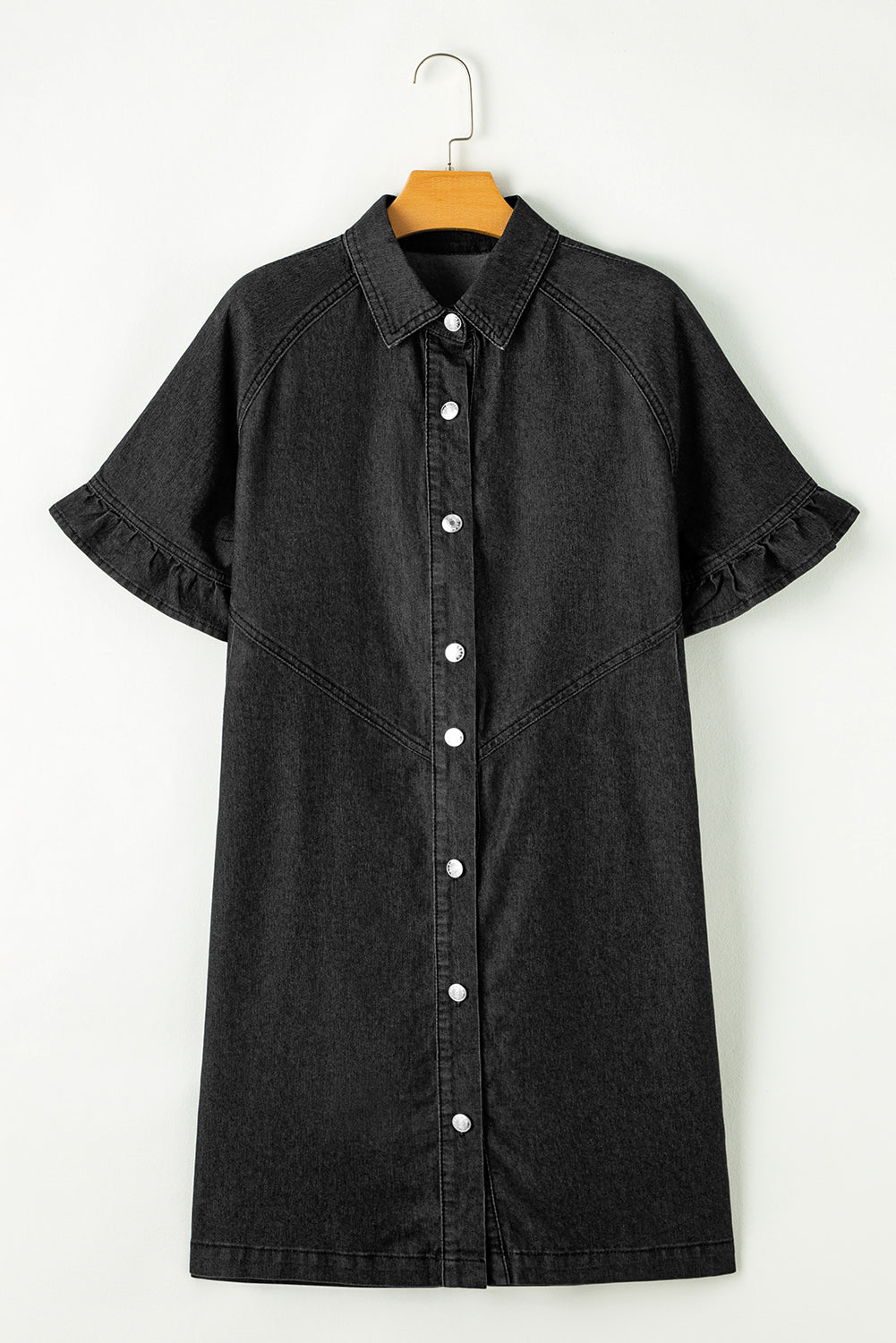 Frilled Short Sleeve Button Up Loose Denim Shirt Dress