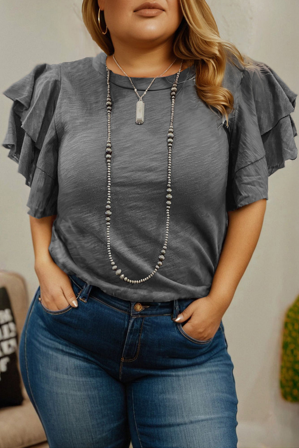 Double Ruffled Short Sleeve Plus Size Top