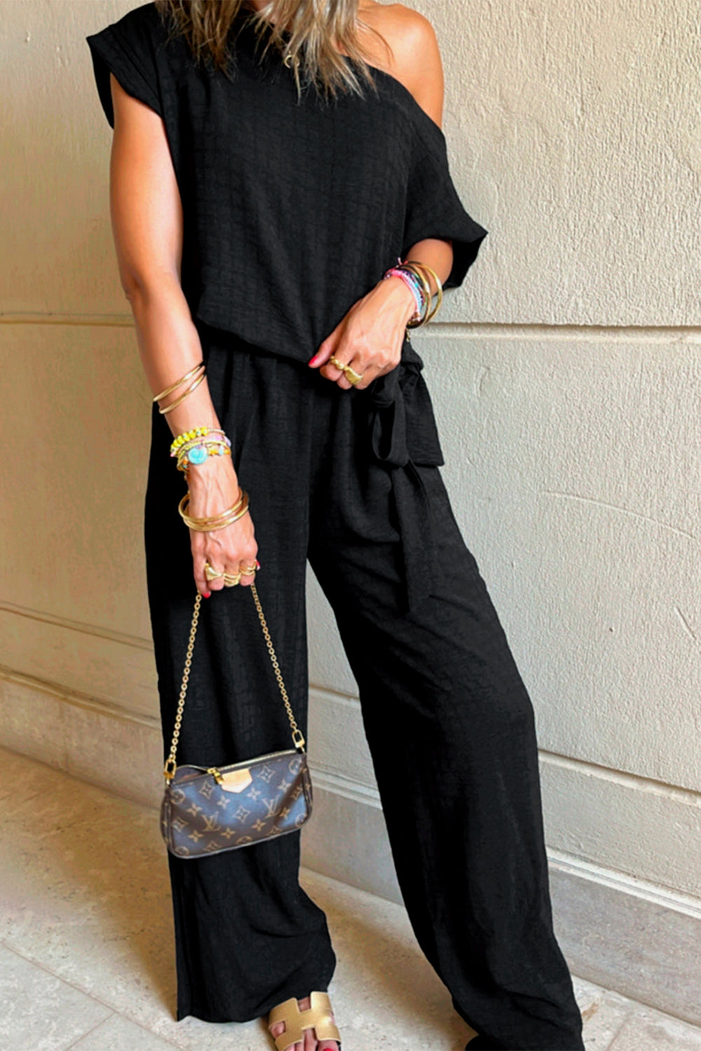 Checkered Mesh One Shoulder Short Sleeve Knotted Waist Jumpsuit