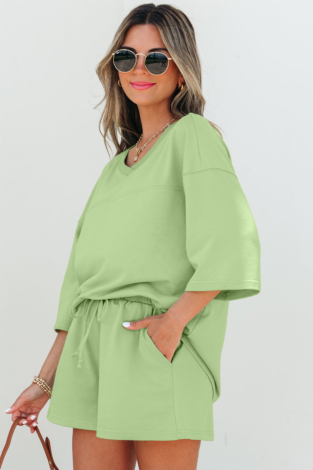 Solid Loose V Neck Half Sleeve Tee and Shorts