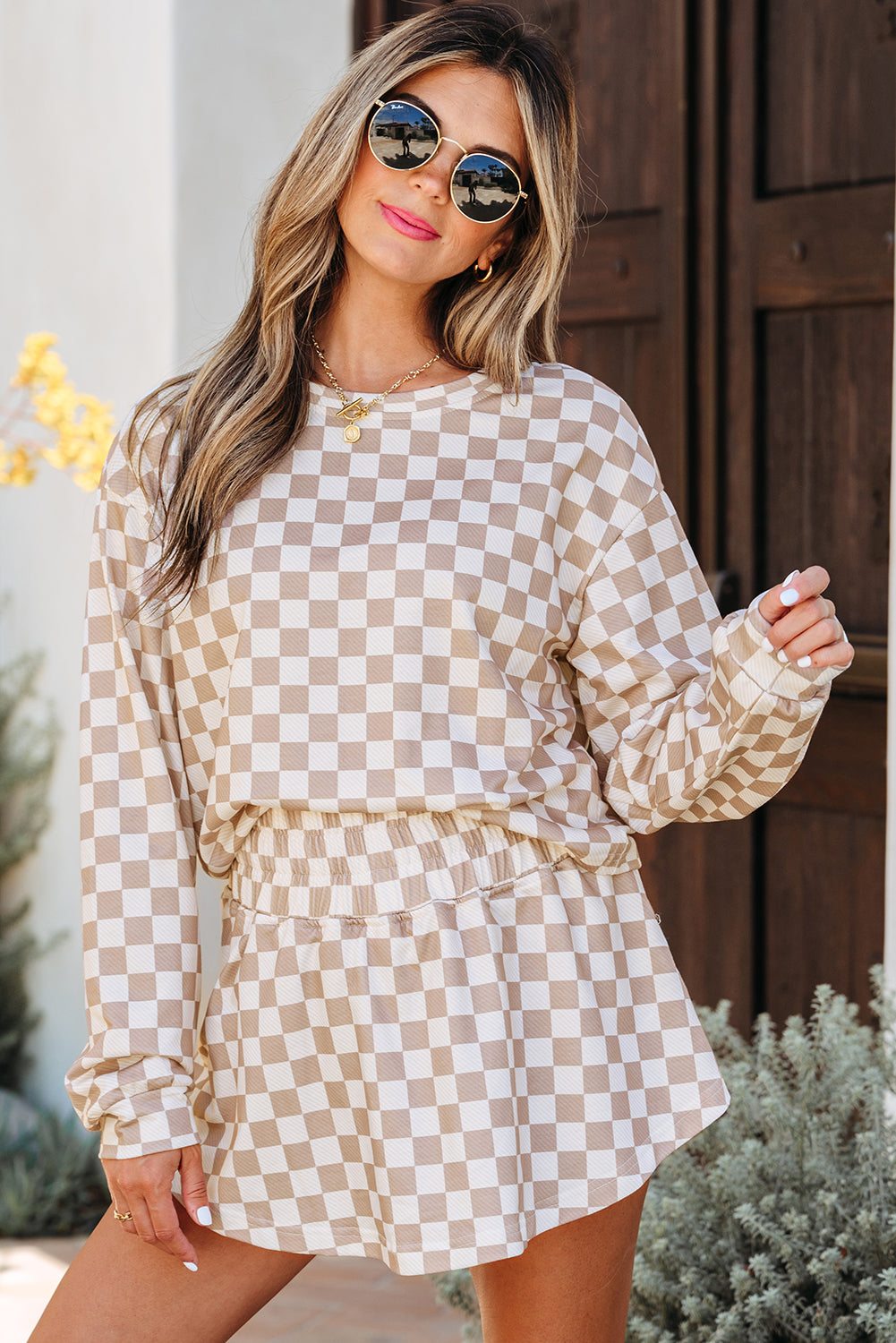 Checkered Long Sleeve Crop Top High Waist Skort 2pcs Set