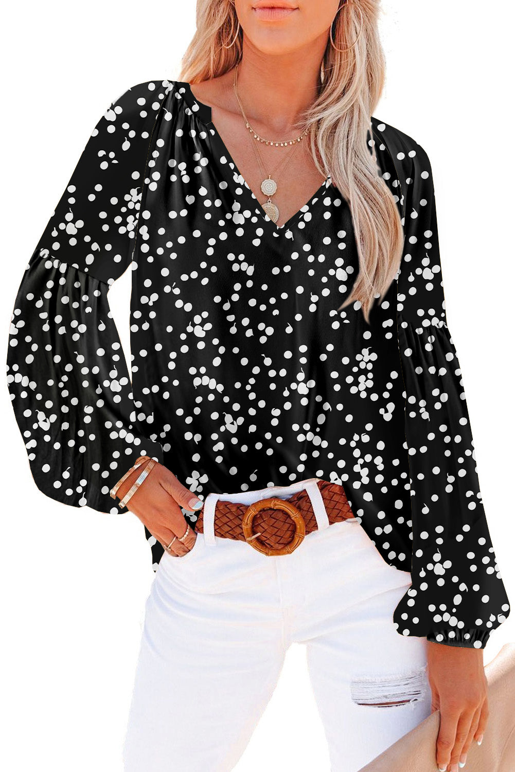 Floral Print V Neck Long Puff Sleeve Top