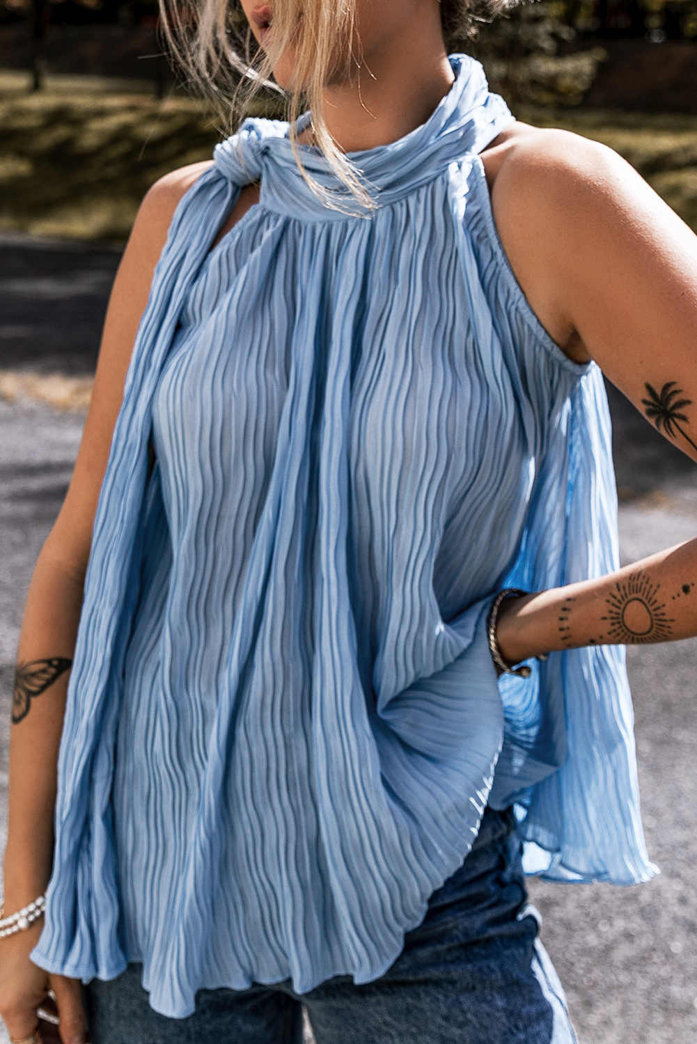 Textured Pleated Tied Mock Neck Flowy Tank Top