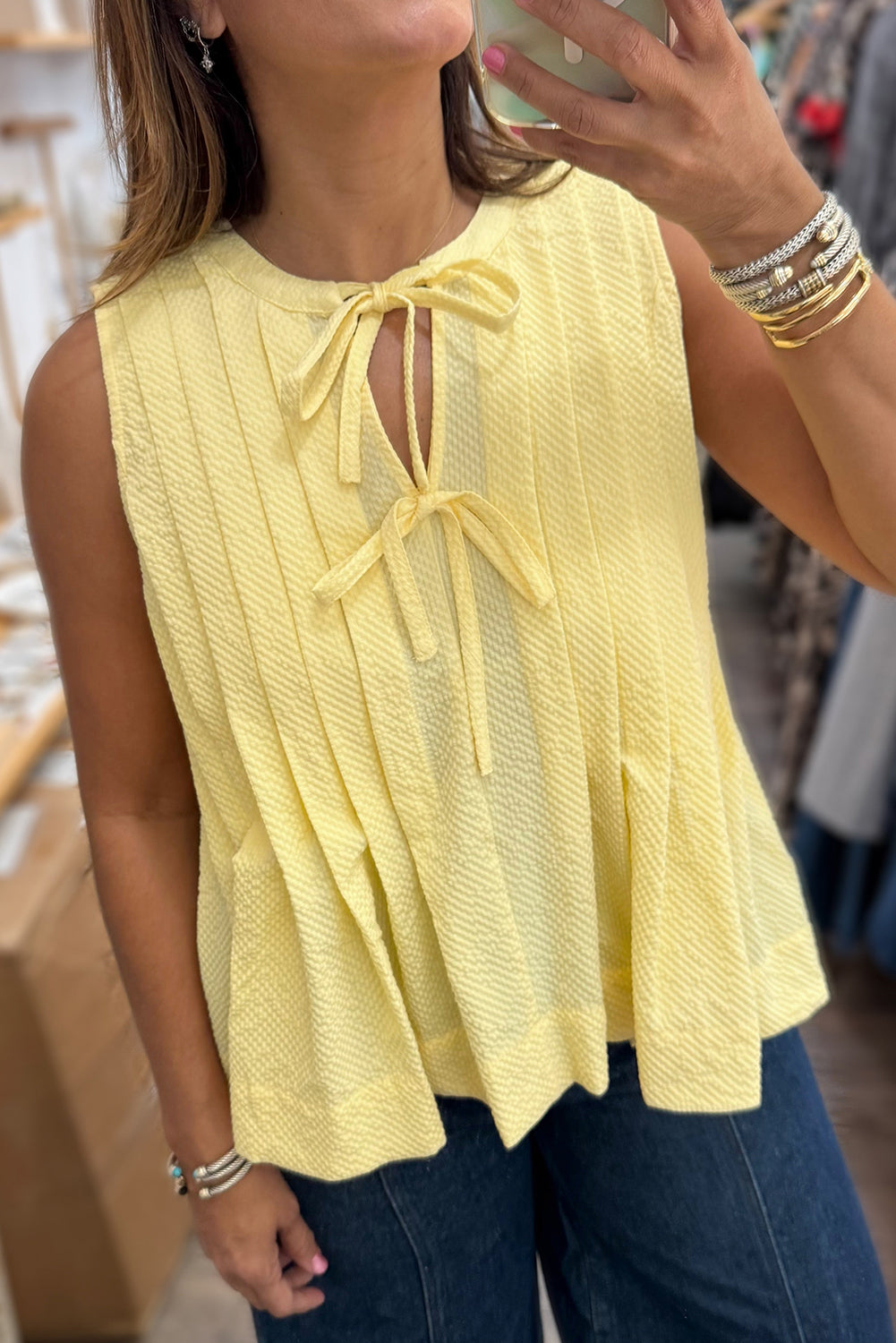 Bow Tie Notched Neck Pleated Tank Top