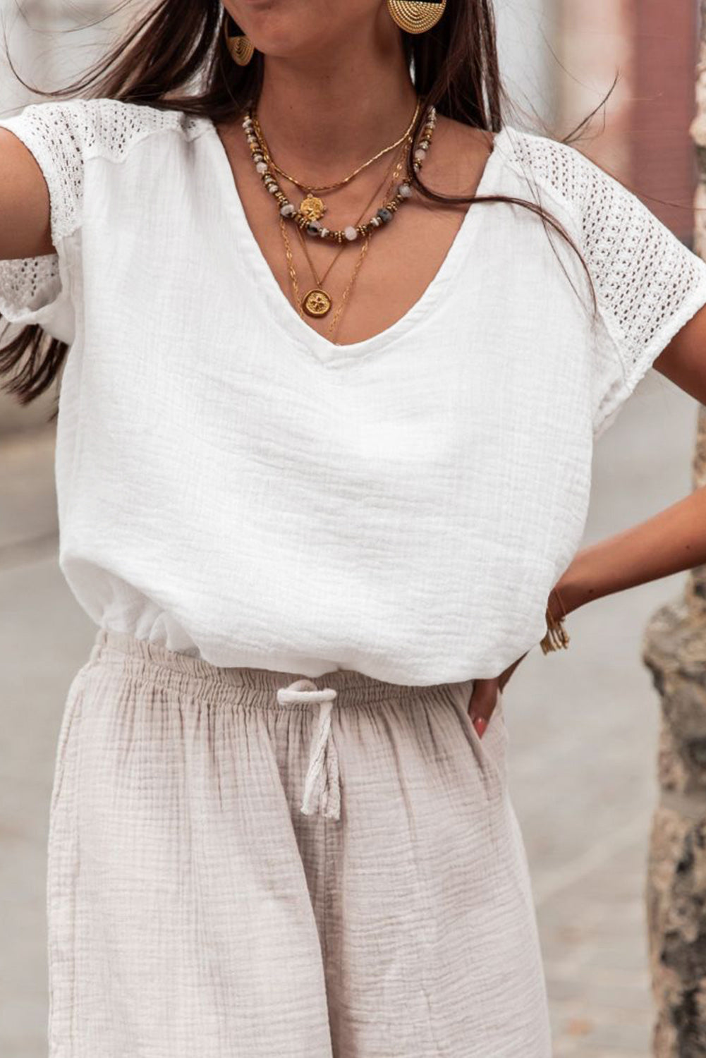 Lace Crochet Textured Button Back V Neck T Shirt