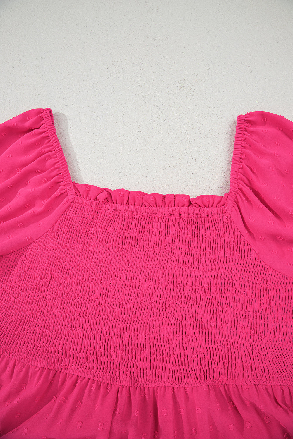 Swiss Dot Smocked Frilled Neckline Short Sleeve Plus Size Dress