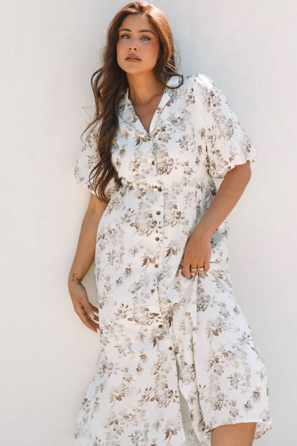 Floral Puff Sleeve V Neck Buttoned Front Maxi Dress