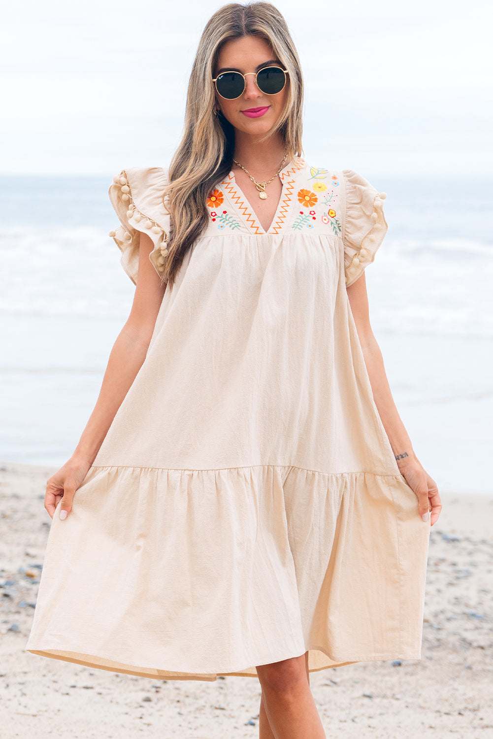 Linen Embroidery Split Neck Pom Pom Ruffle Sleeves Flowy Short Dress
