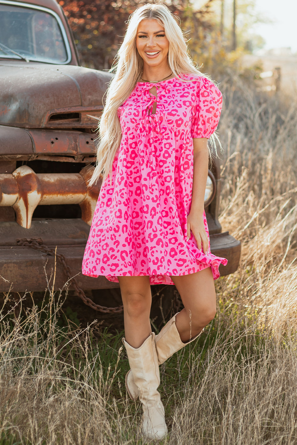 Leopard Puff Sleeve Tie Front High Waist Mini Dress