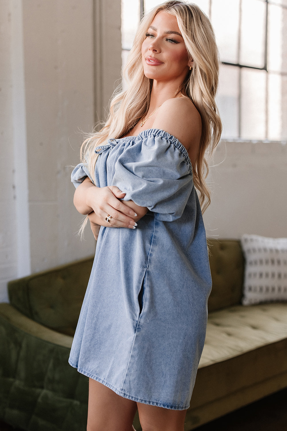 Bubble Sleeve Square Neck Denim Babydoll Dress