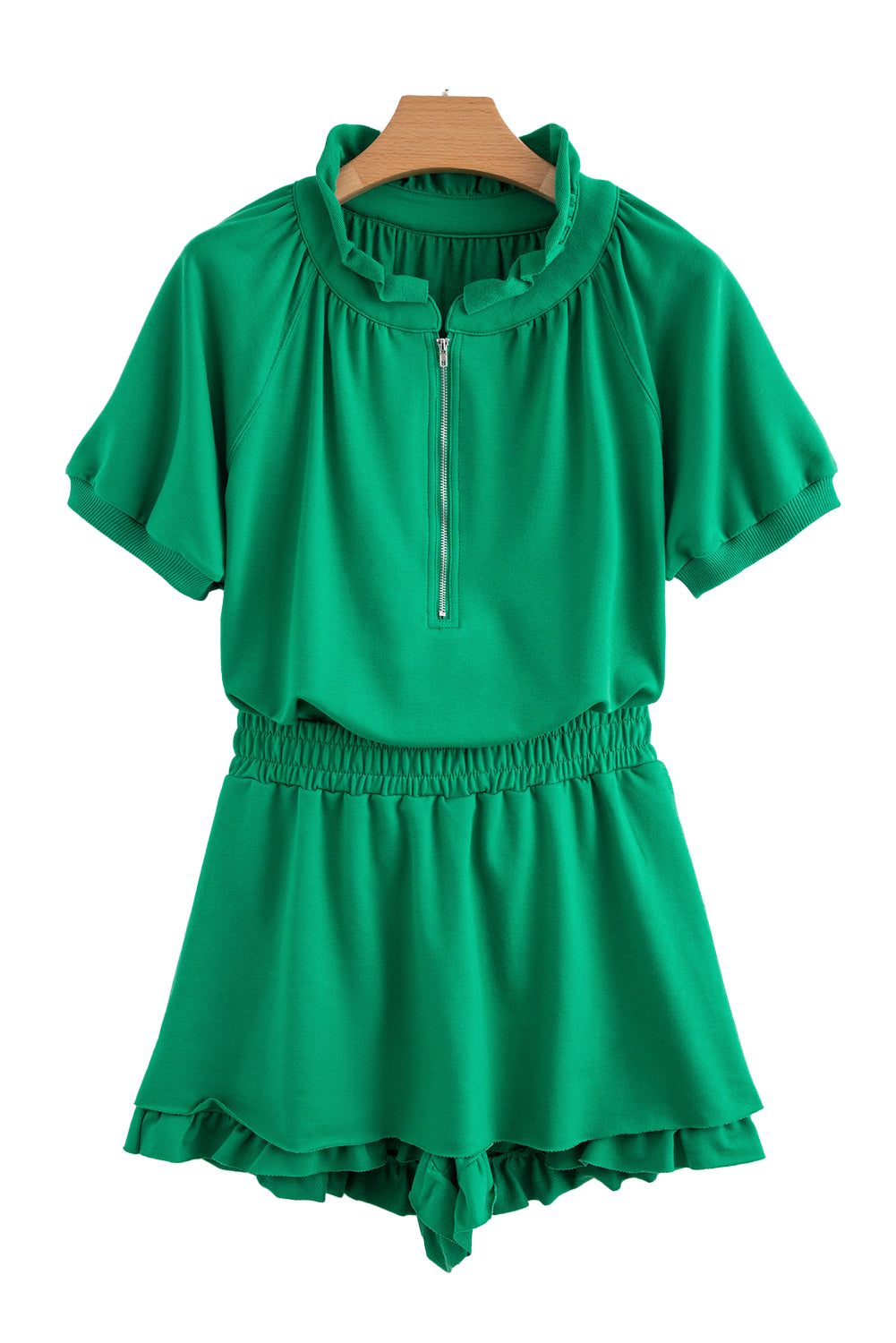 Half Zip Puff Sleeve Top and Ruffled Shorts Set