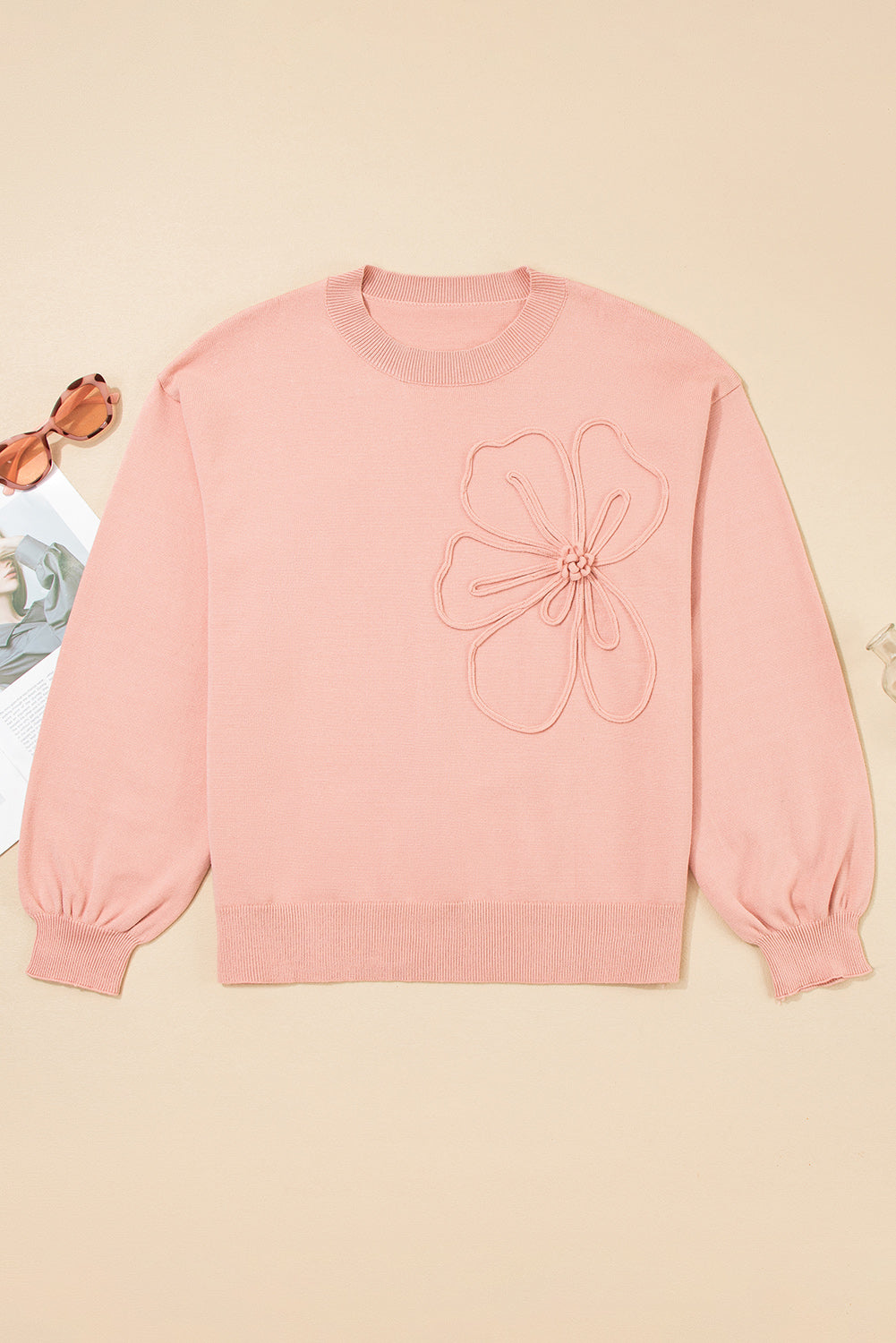 Big Flower Accent Bubble Sleeve Drop Shoulder Sweater