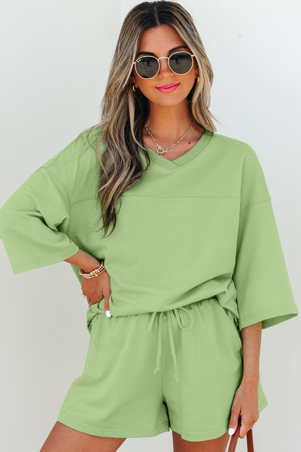 Solid Loose V Neck Half Sleeve Tee and Shorts