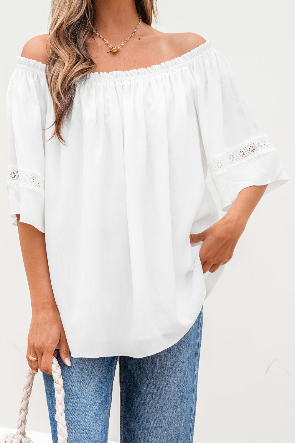 Frilly Off Shoulder Lace Insert Sleeve Textured Blouse