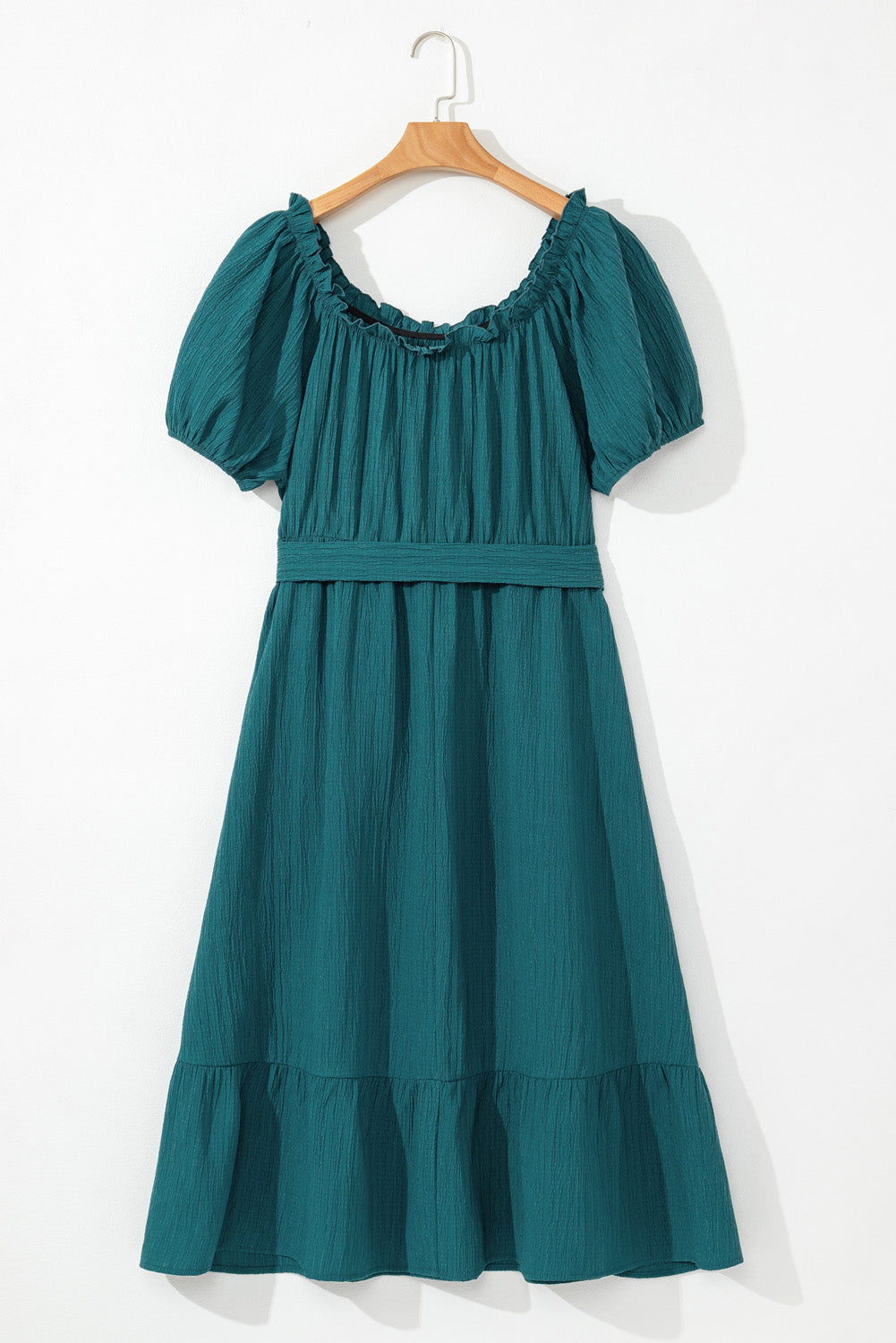 Frilled U Neck Puff Sleeve Belted Ruffle Hem Plus Size Midi Dress