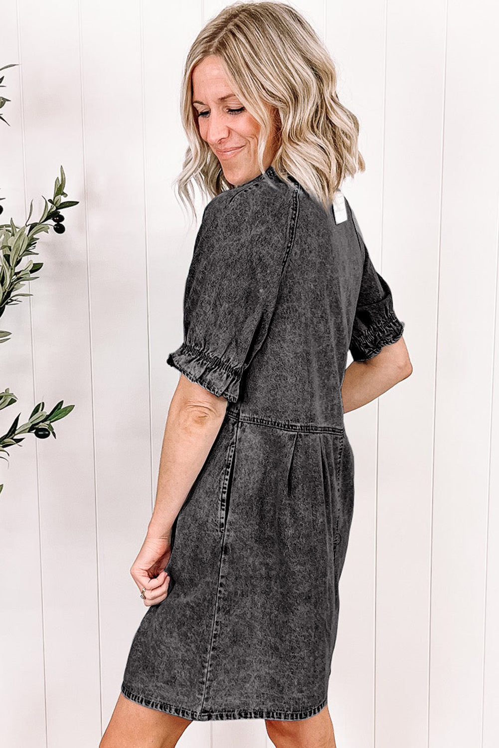 Mineral Wash Ruffled Short Sleeve Buttoned Denim Dress