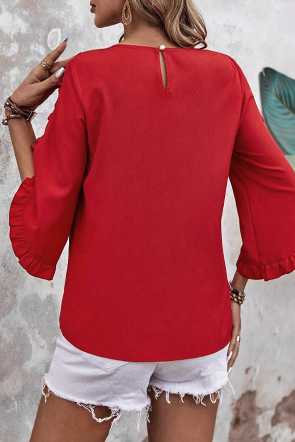 Ruffle Trimmed 3/4 Sleeve Round Neck Blouse