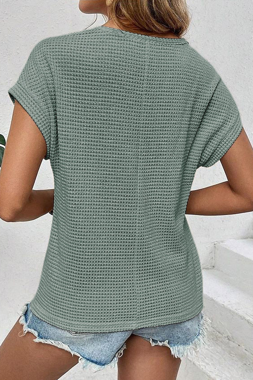 Lace Patchwork Waffle Short Sleeve Top