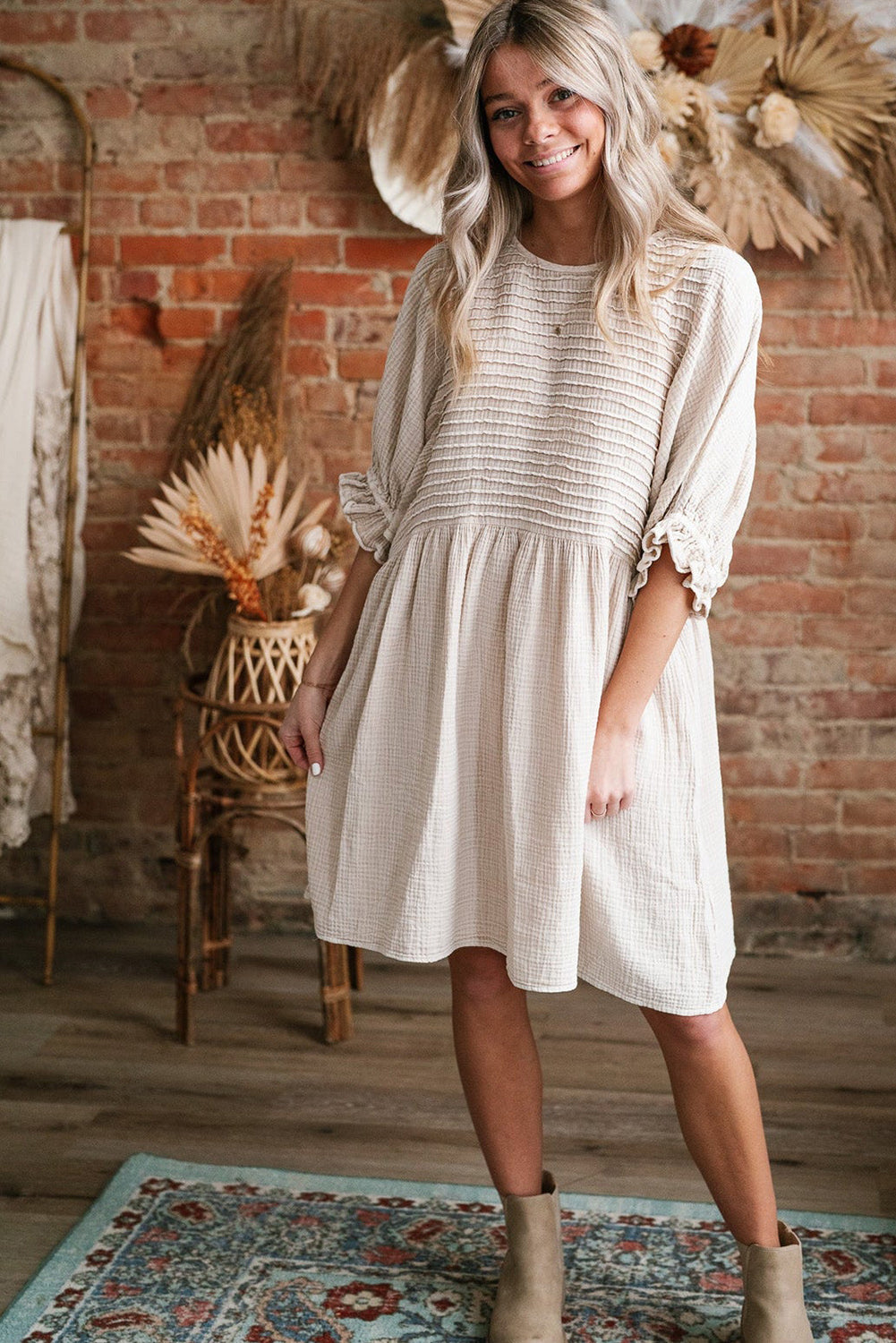 Textured Ruffled Puff Sleeve Loose Dress