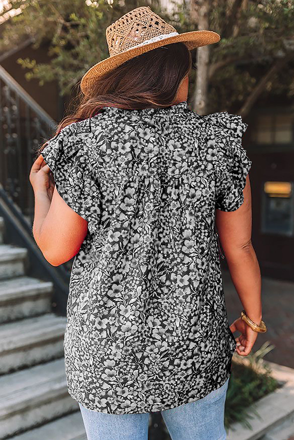 Floral Print Ruffle Sleeve Plus Size Shift Top