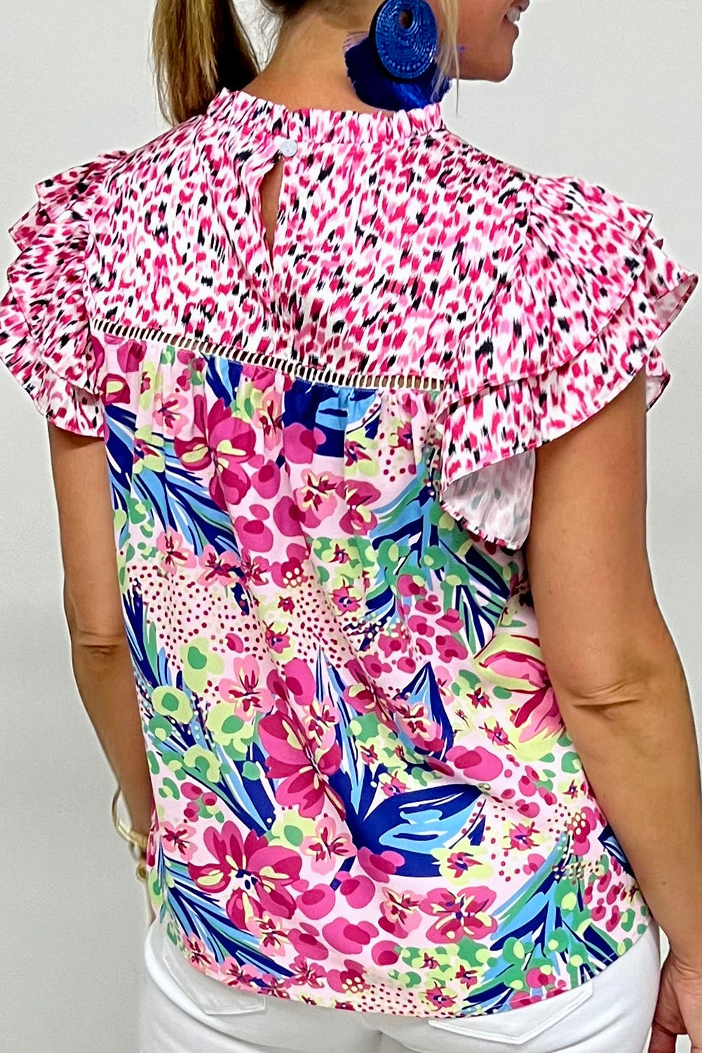 Floral Mixed Print Ruffle Cap Sleeve Blouse